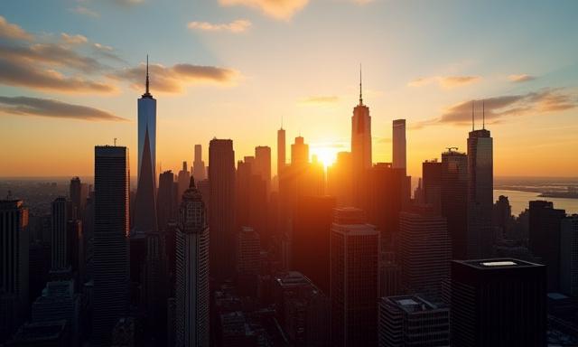 New York skyline showing financial district during sunset