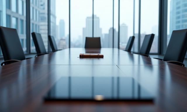 A clean, geometric boardroom table with sharp lines and high-end tech