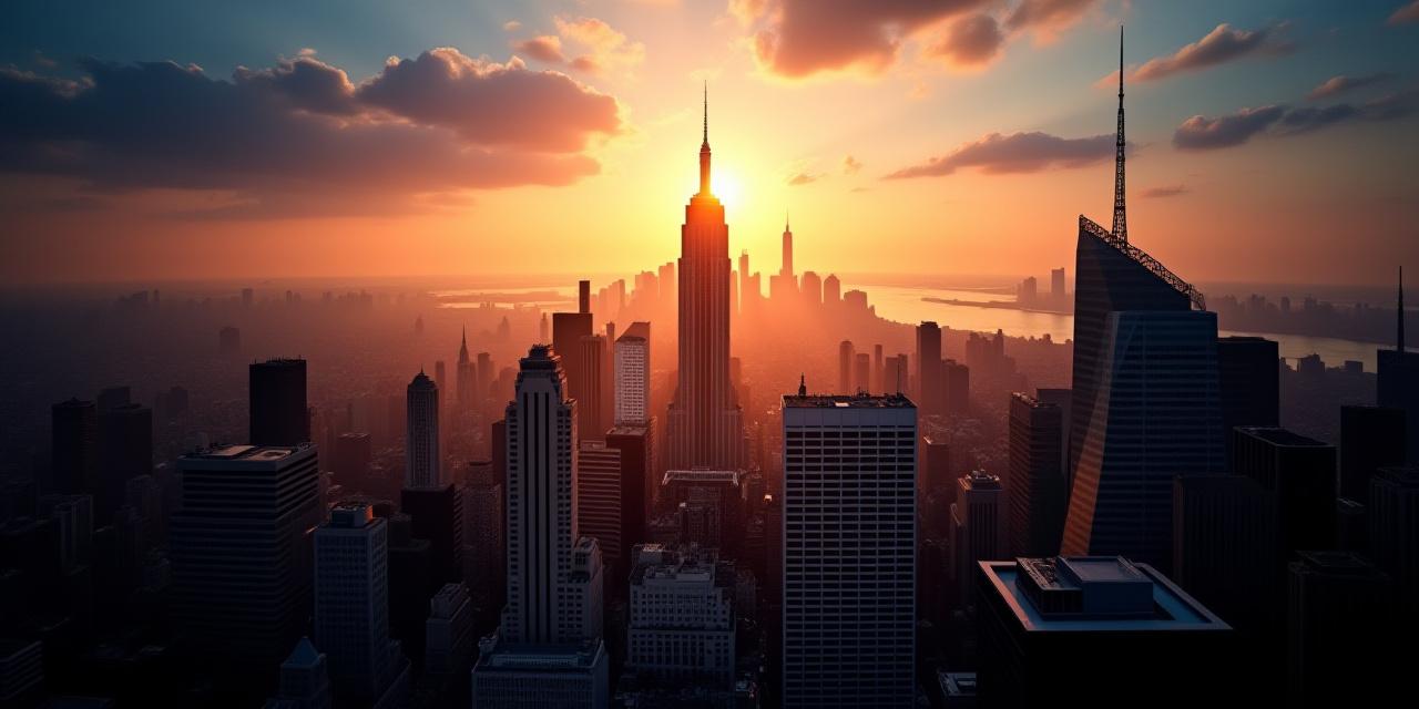 Panoramic view of the New York City financial district skyline during dusk