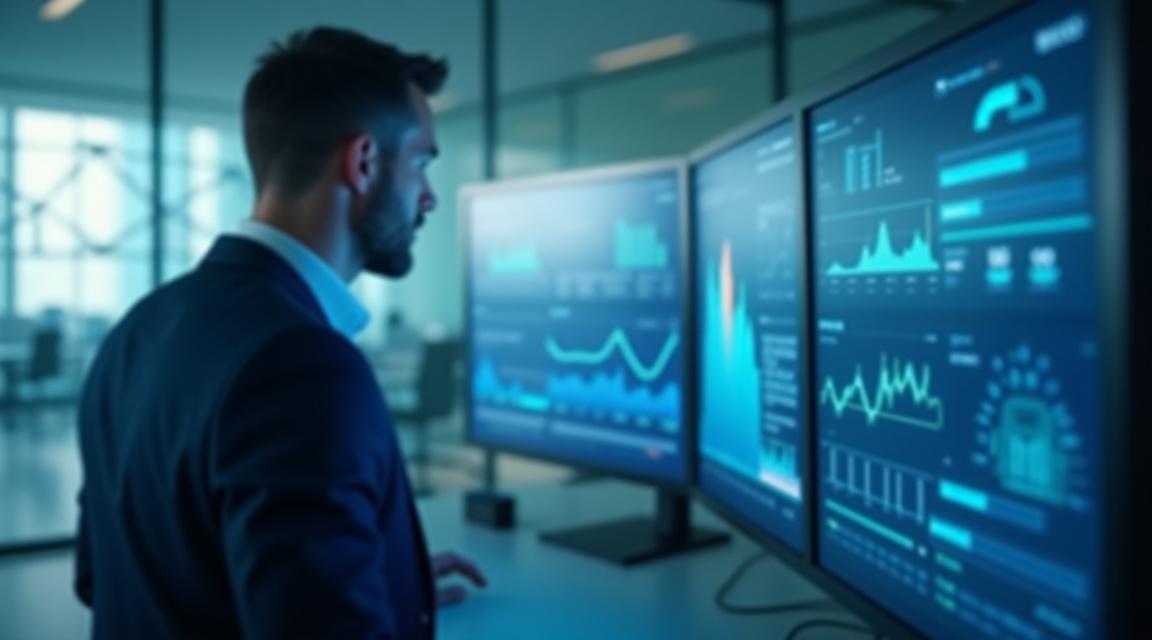 Consultant analyzing data on multiple screens in a modern NYC office